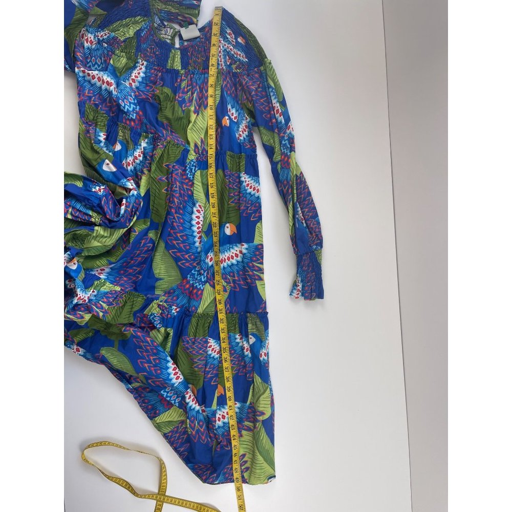 Farm Rio Women’s Tropical Dress Size L Blue Macaw long Sleeve MIDI Maxi - Picture 8 of 9